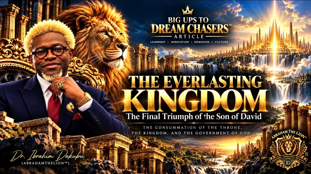 The Everlasting Kingdom artwork featuring Dr. Ibrahim Dakubu, a lion and a radiant city